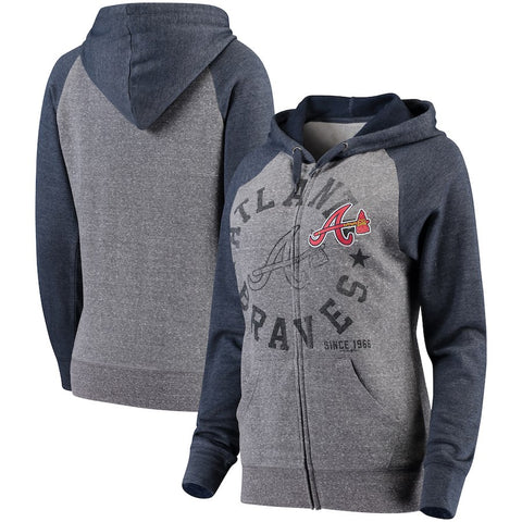 Atlanta Braves 5th & Ocean by New Era Women's Tri-Blend Raglan Fleece Full-Zip Hoodie - Heathered Gray/Navy