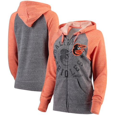 Baltimore Orioles 5th & Ocean by New Era Women's Tri-Blend Raglan Fleece Full-Zip Hoodie - Heathered Gray/Orange
