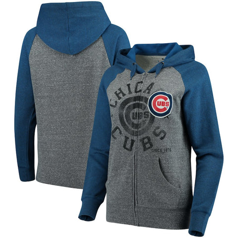 Chicago Cubs 5th & Ocean by New Era Women's Tri-Blend Raglan Fleece Full-Zip Hoodie - Heathered Gray/Royal
