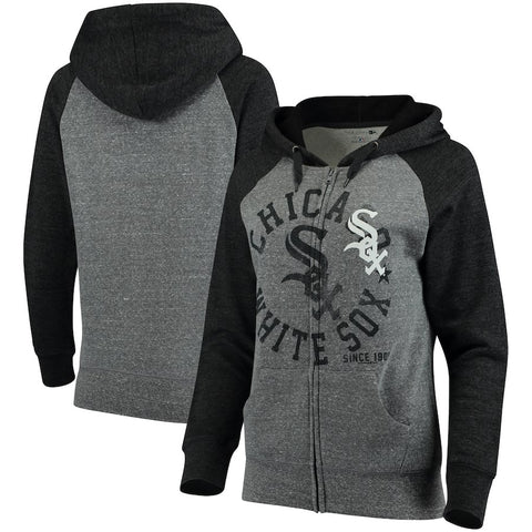 Chicago White Sox 5th & Ocean by New Era Women's Tri-Blend Raglan Fleece Full-Zip Hoodie - Heathered Gray/Black