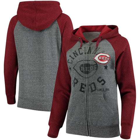 Cincinnati Reds 5th & Ocean by New Era Women's Tri-Blend Raglan Fleece Full-Zip Hoodie - Heathered Gray/Red