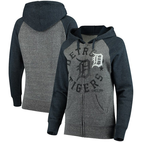 Detroit Tigers 5th & Ocean by New Era Women's Tri-Blend Raglan Fleece Full-Zip Hoodie - Heathered Gray/Navy