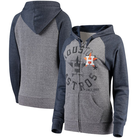 Houston Astros 5th & Ocean by New Era Women's Tri-Blend Raglan Fleece Full-Zip Hoodie - Heathered Gray/Navy