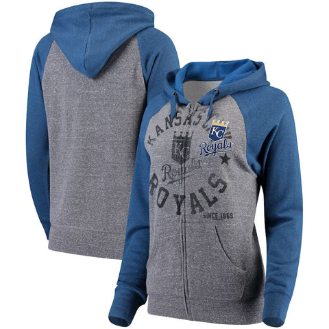 Kansas City Royals 5th & Ocean by New Era Women's Tri-Blend Raglan Fleece Full-Zip Hoodie - Heathered Gray/Royal