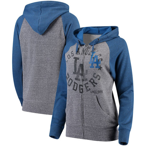 Los Angeles Dodgers 5th & Ocean by New Era Women's Tri-Blend Raglan Fleece Full-Zip Hoodie - Heathered Gray/Royal