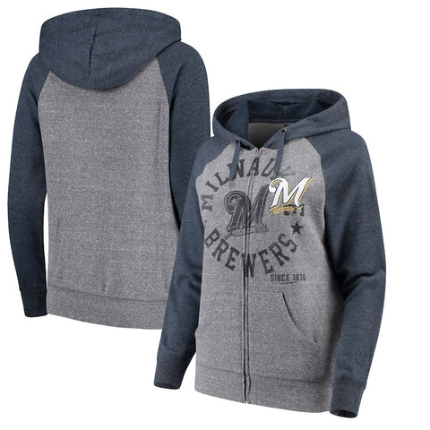 Milwaukee Brewers 5th & Ocean by New Era Women's Tri-Blend Raglan Fleece Full-Zip Hoodie - Heathered Gray/Navy