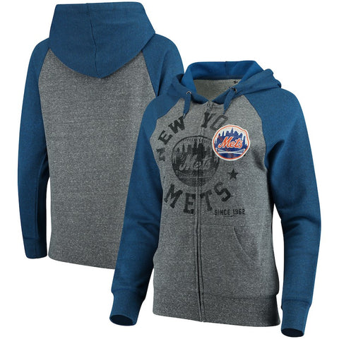 New York Mets 5th & Ocean by New Era Women's Tri-Blend Raglan Fleece Full-Zip Hoodie - Heathered Gray/Royal