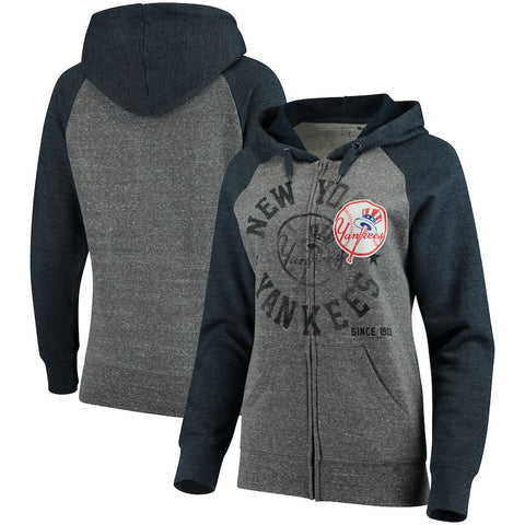 New York Yankees 5th & Ocean by New Era Women's Tri-Blend Raglan Fleece Full-Zip Hoodie - Heathered Gray/Navy
