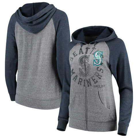 Seattle Mariners 5th & Ocean by New Era Women's Tri-Blend Raglan Fleece Full-Zip Hoodie - Heathered Gray/Navy