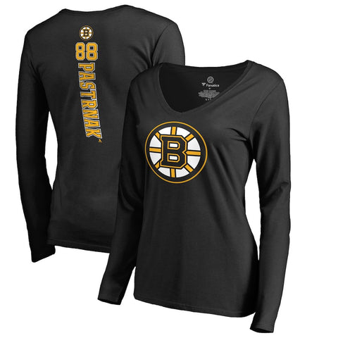 David Pastrnak Boston Bruins   Women's Backer V-Neck Long Sleeve T-Shirt - Black