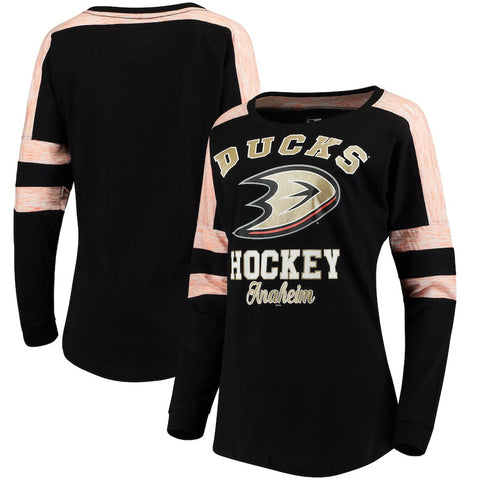 Anaheim Ducks 5th & Ocean by New Era Women's Baby Jersey Long Sleeve Crew Space Dye Inserts T-Shirt - Black