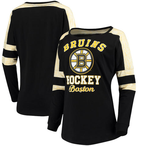 Boston Bruins 5th & Ocean by New Era Women's Baby Jersey Long Sleeve Crew Space Dye Inserts T-Shirt - Black