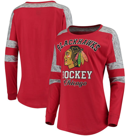Chicago Blackhawks 5th & Ocean by New Era Women's Baby Jersey Long Sleeve Crew Space Dye Inserts T-Shirt - Red