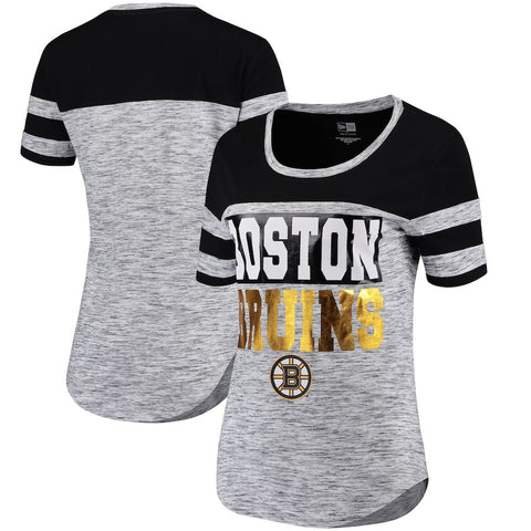 Boston Bruins 5th & Ocean by New Era Women's Space Dye Stripe Sleeves T-Shirt - Heathered Black