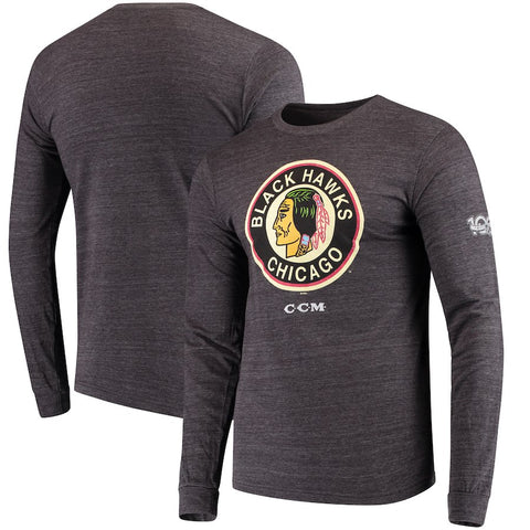 Chicago Blackhawks CCM Centennial Shot Long Sleeve Tri-Blend T-Shirt - Heathered Black