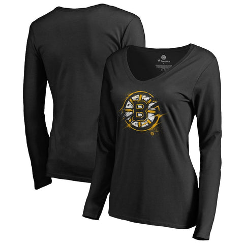 Boston Bruins   Women's Splatter Logo V-Neck Long Sleeve T-Shirt - Black