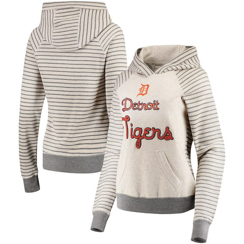 Detroit Tigers Soft as a Grape Women's Bio Washed Stripe Sleeve Pullover Hoodie