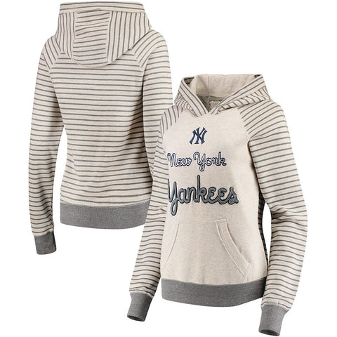 New York Yankees Soft as a Grape Women's Bio Washed Stripe Sleeve Pullover Hoodie