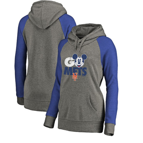 New York Mets   Women's Disney Rally Cry Tri-Blend Raglan Pullover Hoodie - Ash