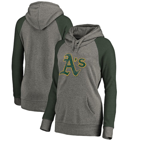 Oakland Athletics   Women's Distressed Team Logo Tri-Blend Raglan Pullover Hoodie - Gray/Green