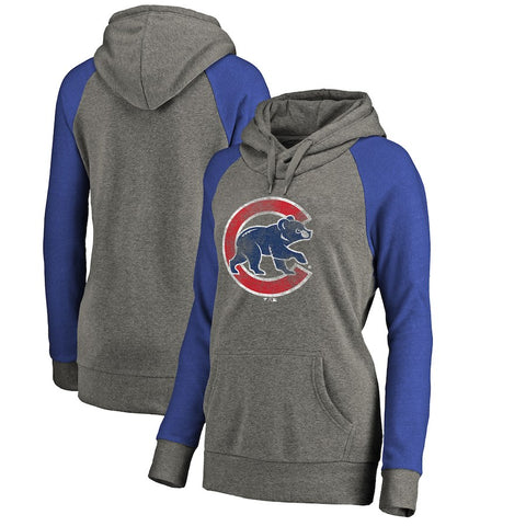 Chicago Cubs   Women's Distressed Team Logo Tri-Blend Raglan Pullover Hoodie - Gray/Royal