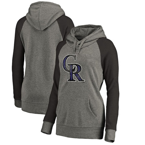 Colorado Rockies   Women's Distressed Team Logo Tri-Blend Raglan Pullover Hoodie - Gray/Black