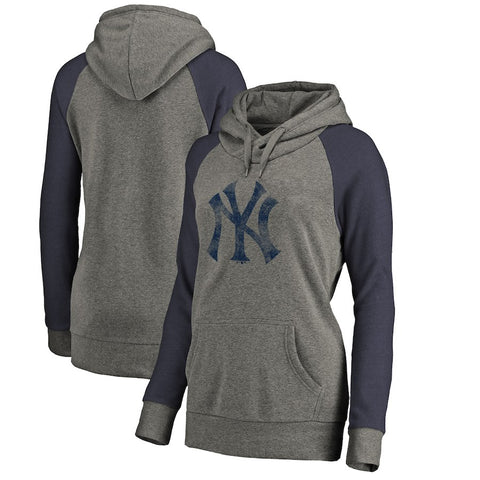 New York Yankees   Women's Distressed Team Logo Tri-Blend Raglan Pullover Hoodie - Gray/Navy