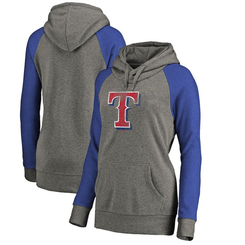 Texas Rangers   Women's Distressed Team Logo Tri-Blend Raglan Pullover Hoodie - Gray/Royal