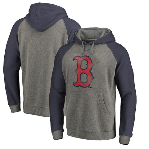 Boston Red Sox   Distressed Team Logo Tri-Blend Raglan Pullover Hoodie - Gray/Navy