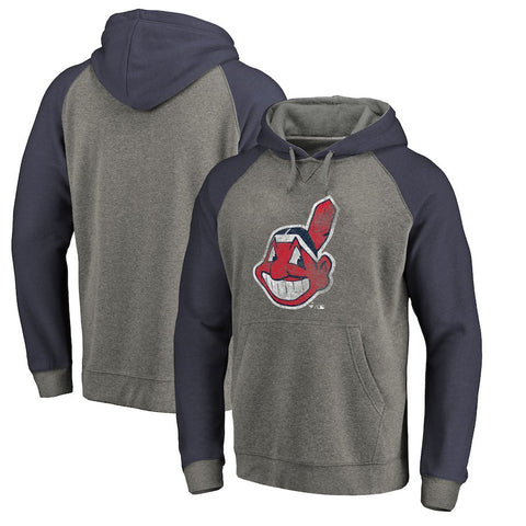 Cleveland Indians   Distressed Team Logo Tri-Blend Raglan Pullover Hoodie - Gray/Navy