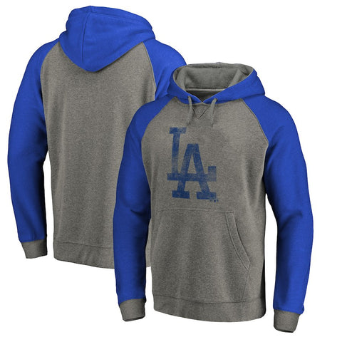 Los Angeles Dodgers   Distressed Team Logo Tri-Blend Raglan Pullover Hoodie - Gray/Royal