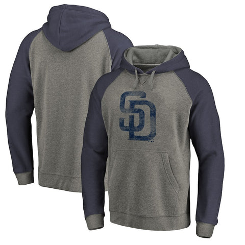 San Diego Padres   Distressed Team Logo Tri-Blend Raglan Pullover Hoodie - Gray/Navy