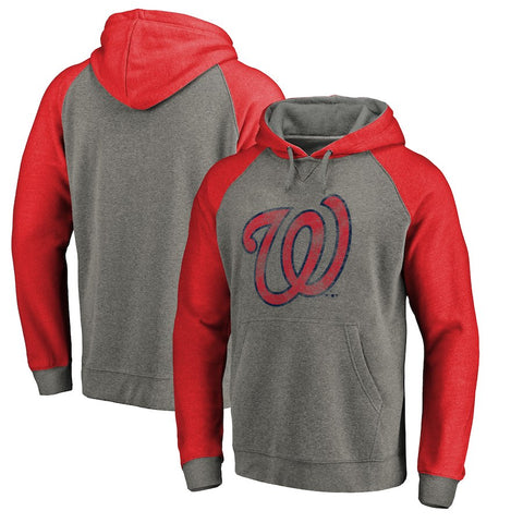 Washington Nationals   Distressed Team Logo Tri-Blend Raglan Pullover Hoodie - Gray/Red