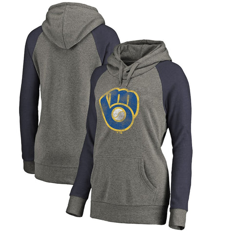 Milwaukee Brewers   Women's Distressed Team Logo Tri-Blend Plus Size Raglan Pullover Hoodie - Gray/Navy