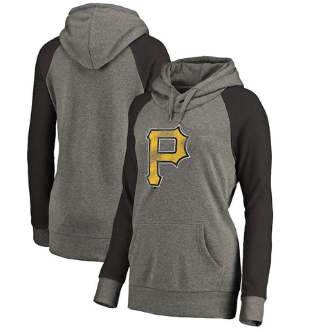 Pittsburgh Pirates   Women's Distressed Team Logo Tri-Blend Plus Size Raglan Pullover Hoodie - Gray/Black