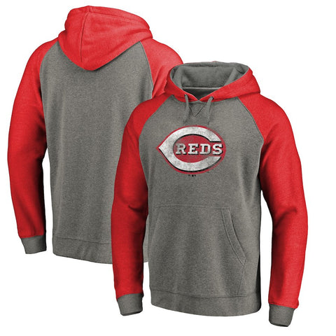 Cincinnati Reds   Distressed Team Logo Tri-Blend Big & Tall Raglan Pullover Hoodie - Gray/Red