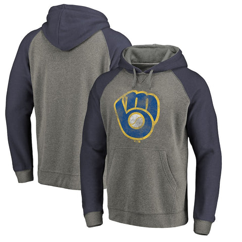 Milwaukee Brewers   Distressed Team Logo Tri-Blend Big & Tall Raglan Pullover Hoodie - Gray/Navy