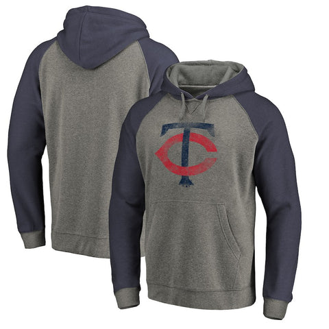 Minnesota Twins   Distressed Team Logo Tri-Blend Big & Tall Raglan Pullover Hoodie - Gray/Navy
