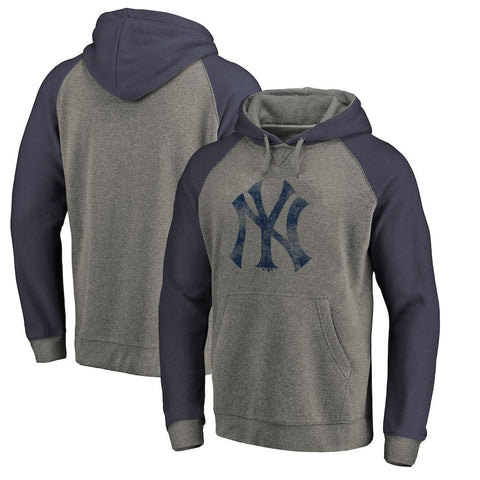 New York Yankees   Distressed Team Logo Tri-Blend Big & Tall Raglan Pullover Hoodie - Gray/Navy