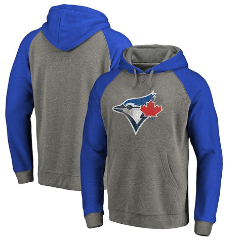 Toronto Blue Jays   Distressed Team Logo Tri-Blend Big & Tall Raglan Pullover Hoodie - Gray/Royal