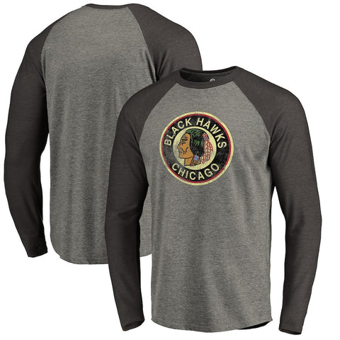 Chicago Blackhawks   Big & Tall Throwback Vintage Logo Tri-Blend Long Sleeve Raglan T-Shirt - Ash