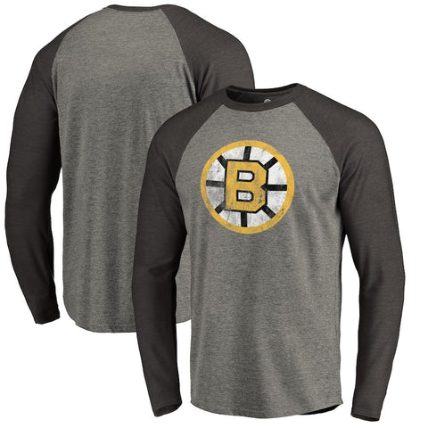 Boston Bruins   Big & Tall Throwback Vintage Logo Tri-Blend Long Sleeve Raglan T-Shirt - Ash