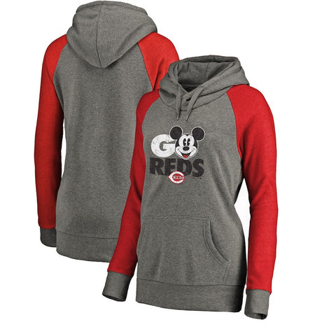 Cincinnati Reds   Women's Disney Rally Cry Tri-Blend Raglan Pullover Hoodie - Ash