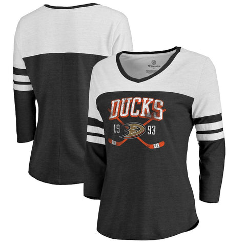 Anaheim Ducks   Women's Vintage Collection Line Shift Color Block Three-Quarter Sleeve Tri-Blend T-Shirt - Black