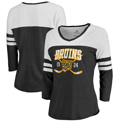 Boston Bruins   Women's Vintage Collection Line Shift Color Block Three-Quarter Sleeve Tri-Blend T-Shirt - Black