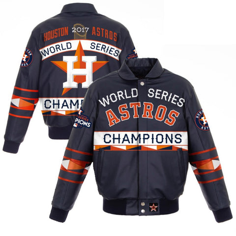 Houston Astros JH Design 2017 World Series Champions Lambskin Leather Full-Snap Jacket with Leather Logos - Navy