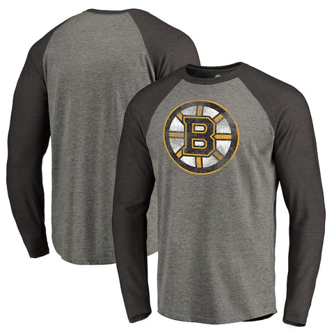 Boston Bruins   Big & Tall Team Distressed Raglan Tri-Blend Long Sleeve T-Shirt - Heathered Gray