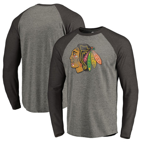 Chicago Blackhawks   Big & Tall Team Distressed Raglan Tri-Blend Long Sleeve T-Shirt - Heathered Gray