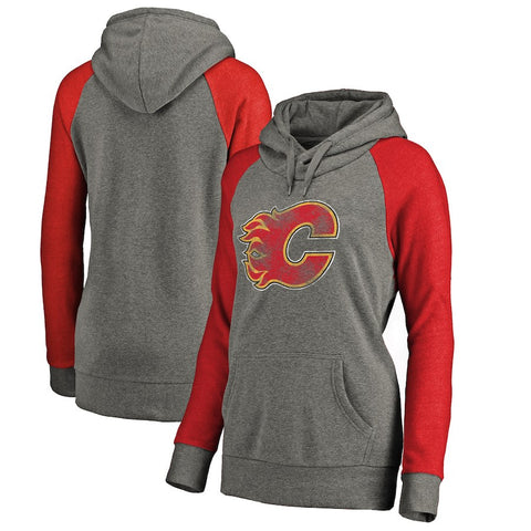 Calgary Flames   Women's Plus Sizes Team Distressed Pullover Hoodie - Heathered Gray