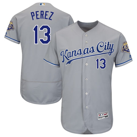 Salvador Perez Kansas City Royals Majestic 50th Season Patch On-Field Flex Base Player Jersey - Gray